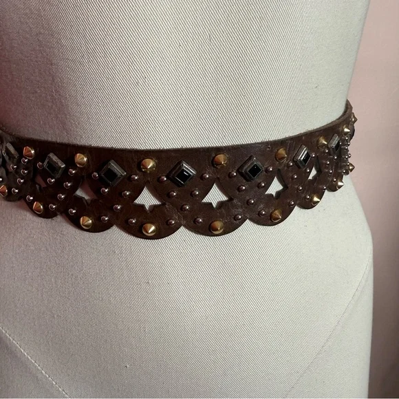 Etro Milano Brown Leather Metal Studded bikercore belt size 31 to 33